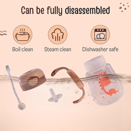 LuvLap Baby Bite Resistant Soft Silicone Straw Sipper Cup with Handle, with Weighted Straw, Sippy Cup with Anti Spill Lock, BPA Free, 6m+, 300 ml, Brown