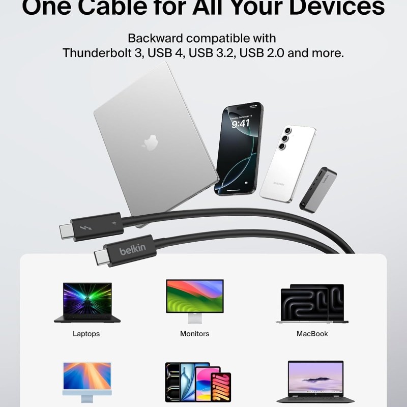 (Refurbished) Belkin Active Thunderbolt 4 Cable (2M 6.6FT), USB Type C Connection with 100W Power Delivery PD Enabled, USB 4 Compliant and Compatible with TB3 Compatible with MacBook Pro, eGPU, and More? ?, Black