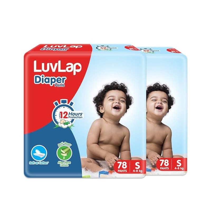 LuvLap Baby Diaper Pants Small (SM) 4-8Kg, with Aloe Vera Lotion for rash protection, with upto 12Hr protection, Super Jumbo Pack of 78x2=156 LuvLap Baby Diaper Pants Small (SM) 4-8Kg, with Aloe Vera Lotion for rash protection, with upto 12Hr protection, Super Jumbo Pack of 78x2=156