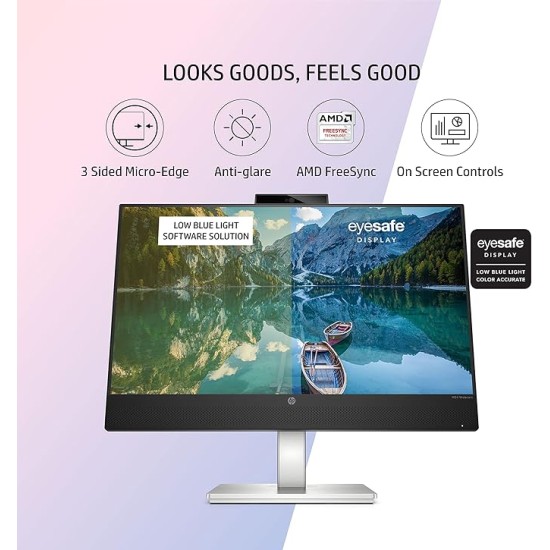 HP M24 23.8-inch(60.45 cm) LED 1923 x 1080 Pixels FHD IPS 3-Sided Micro-Edge Monitor, AMD FreeSync, 5 MP Webcam, 75Hz, 99% sRGB, 1xHDMI 1.4, 300 nits(459J4AA), M24 Webcam Monitor, Black