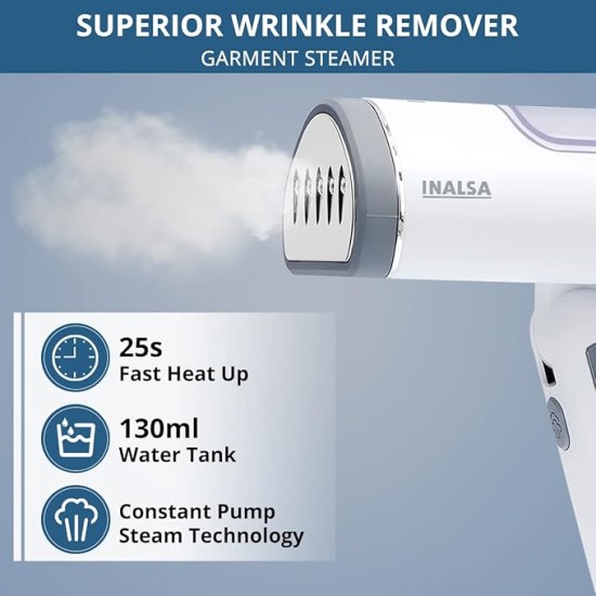 Inalsa Garment Steamer 1250 Watts Steam Iron For Clothes-Vertical & Horizontal roning|Compact & Foldable|Quick Heat Up To 22G/Min, Kills 99.9%*Bacteria|Steamer For Clothes(White/Grey)-Travel Pro
