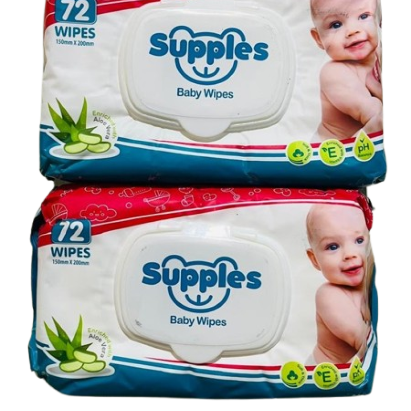 Supples Baby Wet Wipes with Lid | 144 Wipes | 72 Wipes x 2 Packs | Enriched With Aloe Vera and Vitamin E | Alcohol-Free and Paraben-Free | Pure Water-Based formulation