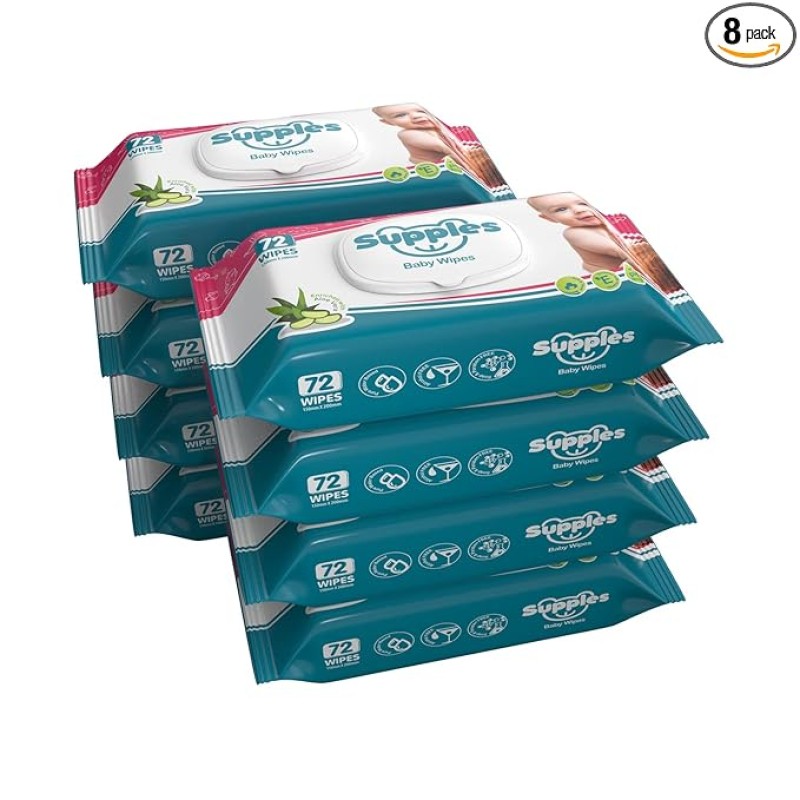 Supples Baby Wet Wipes with Lid | 576 Wipes | 72 Wipes x 8 Packs | Enriched With Aloe Vera and Vitamin E | Alcohol-Free and Paraben-Free | Pure Water-Based formulation