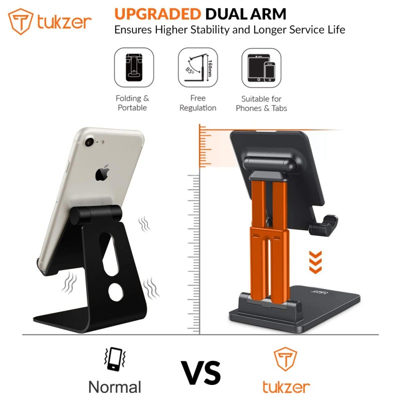(Refurbished) Tukzer Universal Tablet Tabletop Stand Mobile Holder| Dual Poles Heavy Base Aluminum, Foldable, Multi-Angle Height Adjustable Stand for iPad Tablets Smartphones E-Book Readers Up to 15.6 inc Jet Black