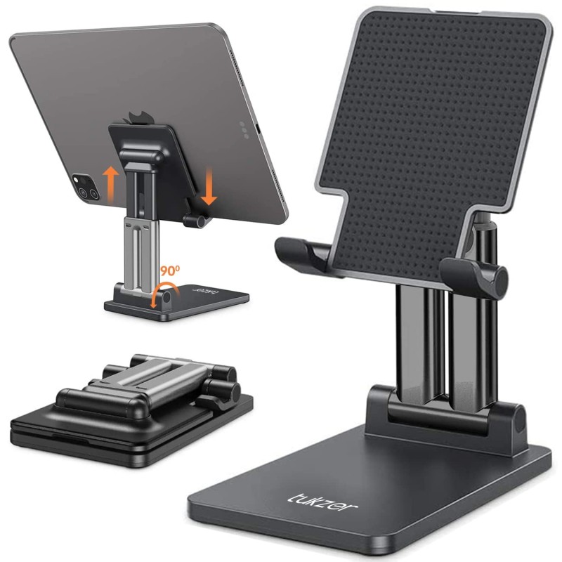 (Refurbished) Tukzer Universal Tablet Tabletop Stand Mobile Holder| Dual Poles Heavy Base Aluminum, Foldable, Multi-Angle Height Adjustable Stand for iPad Tablets Smartphones E-Book Readers Up to 15.6 inc Jet Black