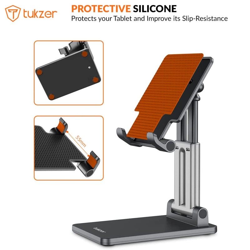(Refurbished) Tukzer Universal Tablet Tabletop Stand Mobile Holder| Dual Poles Heavy Base Aluminum, Foldable, Multi-Angle Height Adjustable Stand for iPad Tablets Smartphones E-Book Readers Up to 15.6 inc Jet Black
