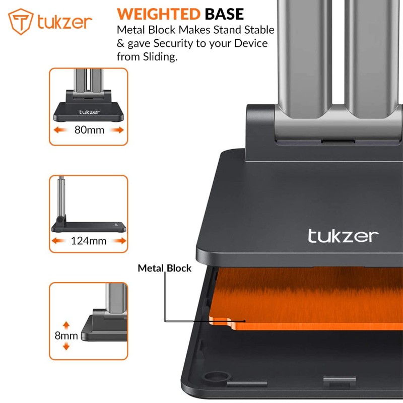 (Refurbished) Tukzer Universal Tablet Tabletop Stand Mobile Holder| Dual Poles Heavy Base Aluminum, Foldable, Multi-Angle Height Adjustable Stand for iPad Tablets Smartphones E-Book Readers Up to 15.6 inc Jet Black