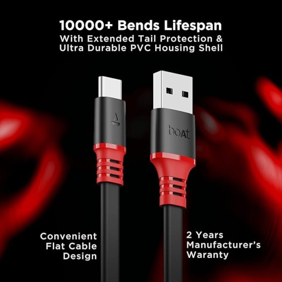 boAt Type C A750 6.5A Flat Super Fast Charging Cable w/Stress Resistance, Upto 65W/6.5Amp & Compatible w/Xiaomi, Oneplus, Samsung, Vivo, Oppo,480 Mbps Data Transmission Speed(Rebellious Black), 1.5M boAt Type C A750 6.5A Flat Super Fast Charging Cable w/Stress Resistance, Upto 65W/6.5Amp & Compatible w/Xiaomi, Oneplus, Samsung, Vivo, Oppo,480 Mbps Data Transmission Speed(Rebellious Black), 1.5M