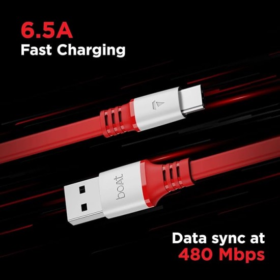 boAt Type C A750 6.5A Flat Super Fast Charging Cable w/Stress Resistance, Upto 65W/6.5Amp & Compatible w/Xiaomi, Oneplus, Samsung, Vivo, Oppo, 480 Mbps Data Transmission Speed(Radiant Red), 1.5M