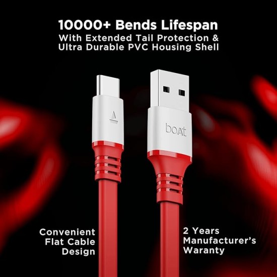 boAt Type C A750 6.5A Flat Super Fast Charging Cable w/Stress Resistance, Upto 65W/6.5Amp & Compatible w/Xiaomi, Oneplus, Samsung, Vivo, Oppo, 480 Mbps Data Transmission Speed(Radiant Red), 1.5M