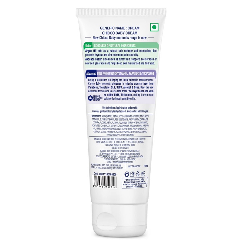 Chicco Baby Moments Baby Cream for Babies with Argan Oil & Avocado Butter, 100g| Natural Ingredients for Hydrated Skin | Dermatologically Tested | Phenoxyethanol, Parabens & Lauryl sulphates free Chicco Baby Moments Baby Cream for Babies with Argan Oil & Avocado Butter, 100g| Natural Ingredients for Hydrated Skin | Dermatologically Tested | Phenoxyethanol, Parabens & Lauryl sulphates free