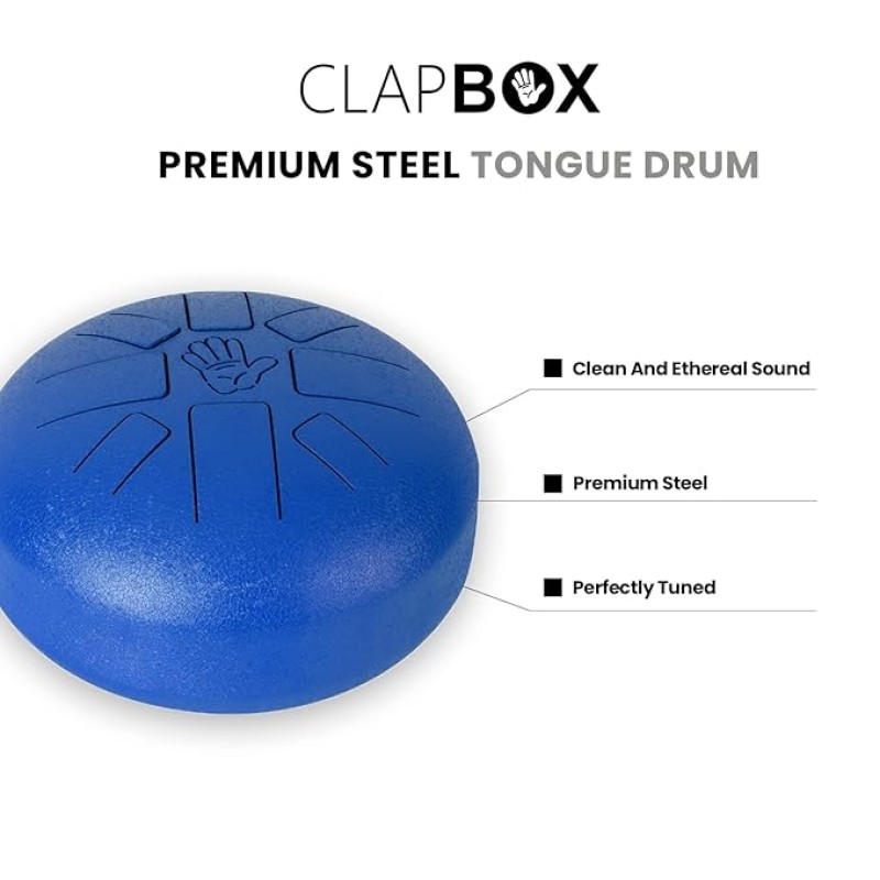 Clapbox Steel Tongue Drum - 10 Inches, with Padded Bag and Mallets (Blue)