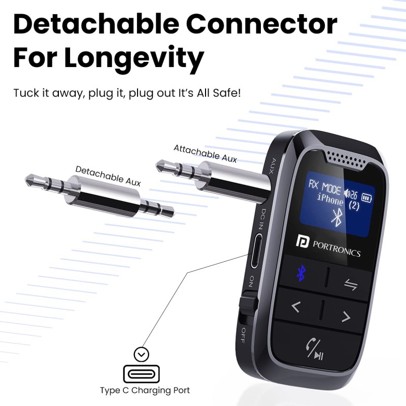 Portronics Auto 18 Car Bluetooth Transmitter/Receiver with Display, Handsfree Calling, Aux in/Out, HD Sound Quality, for Car, TV, PC, Speaker (Black) Portronics Auto 18 Car Bluetooth Transmitter/Receiver with Display, Handsfree Calling, Aux in/Out, HD Sound Quality, for Car, TV, PC, Speaker (Black)