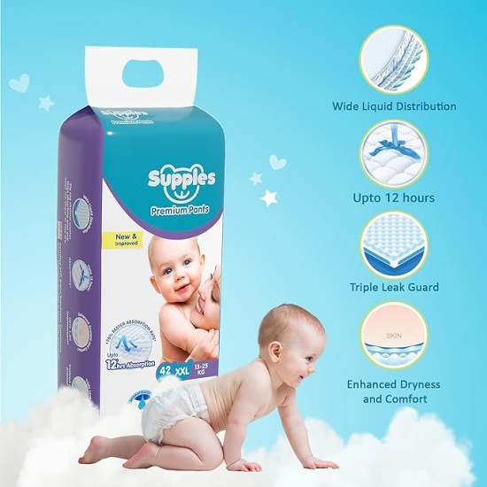 Amazon Brand - Supples Premium Baby Diaper Pants | 42 Baby Diapers | XXL | 15-25 Kg | 12 Hrs Absorption | Cushiony Cotton Soft Fabric | Phthalates-Free | Triple Leak Guard