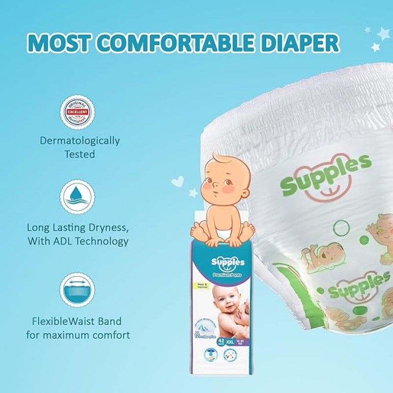 Amazon Brand - Supples Premium Baby Diaper Pants | 42 Baby Diapers | XXL | 15-25 Kg | 12 Hrs Absorption | Cushiony Cotton Soft Fabric | Phthalates-Free | Triple Leak Guard Amazon Brand - Supples Premium Baby Diaper Pants | 42 Baby Diapers | XXL | 15-25 Kg | 12 Hrs Absorption | Cushiony Cotton Soft Fabric | Phthalates-Free | Triple Leak Guard
