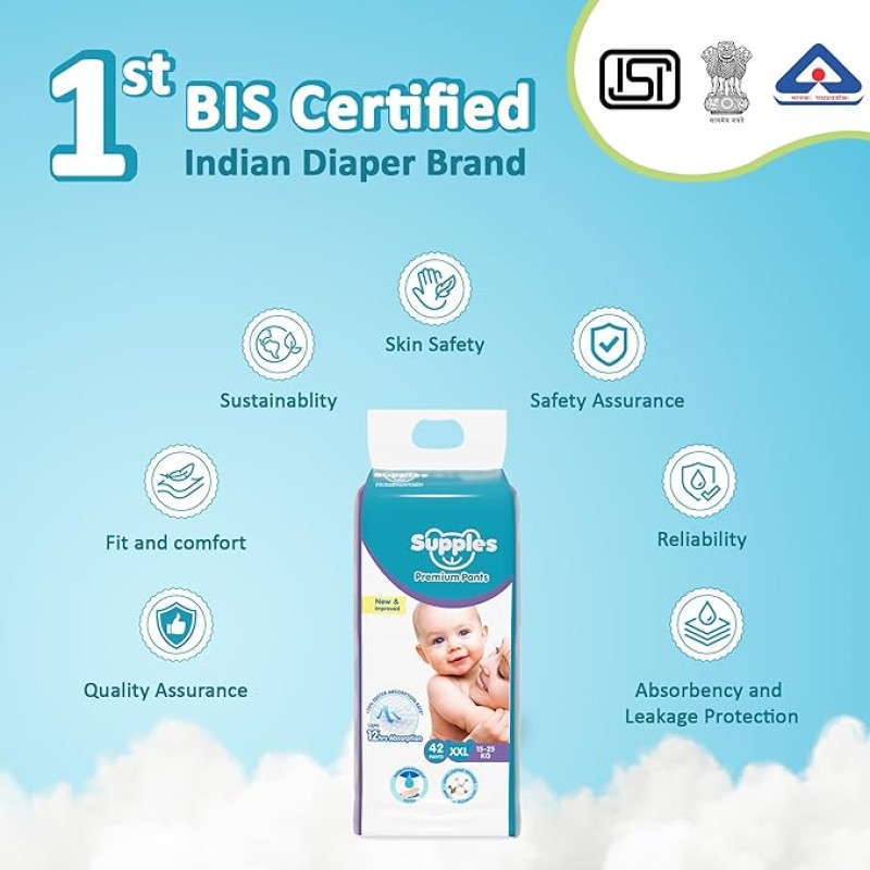 Amazon Brand - Supples Premium Baby Diaper Pants | 42 Baby Diapers | XXL | 15-25 Kg | 12 Hrs Absorption | Cushiony Cotton Soft Fabric | Phthalates-Free | Triple Leak Guard Amazon Brand - Supples Premium Baby Diaper Pants | 42 Baby Diapers | XXL | 15-25 Kg | 12 Hrs Absorption | Cushiony Cotton Soft Fabric | Phthalates-Free | Triple Leak Guard