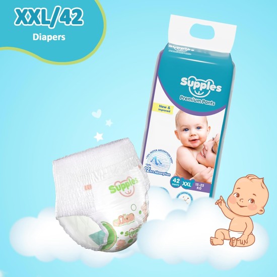 Amazon Brand - Supples Premium Baby Diaper Pants | 42 Baby Diapers | XXL | 15-25 Kg | 12 Hrs Absorption | Cushiony Cotton Soft Fabric | Phthalates-Free | Triple Leak Guard