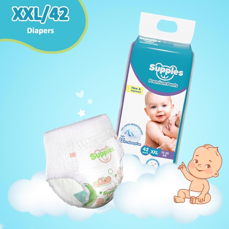 Amazon Brand - Supples Premium Baby Diaper Pants | 42 Baby Diapers | XXL | 15-25 Kg | 12 Hrs Absorption | Cushiony Cotton Soft Fabric | Phthalates-Free | Triple Leak Guard Amazon Brand - Supples Premium Baby Diaper Pants | 42 Baby Diapers | XXL | 15-25 Kg | 12 Hrs Absorption | Cushiony Cotton Soft Fabric | Phthalates-Free | Triple Leak Guard