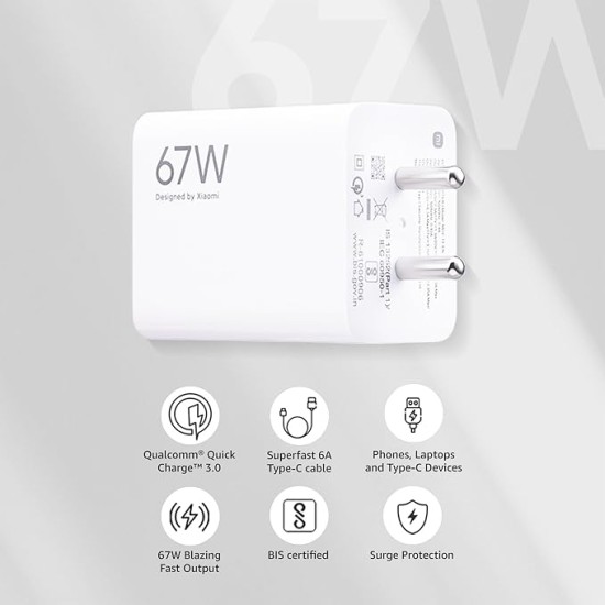 Mi Xiaomi Original 67W Fast Charger Combo/Rapid Charging with Qualcomm Quick Charge 3.0. Includes USB Type-C 6A Fast Charge Cable. Compatable with mobiles, laptops, and Power Banks (White)