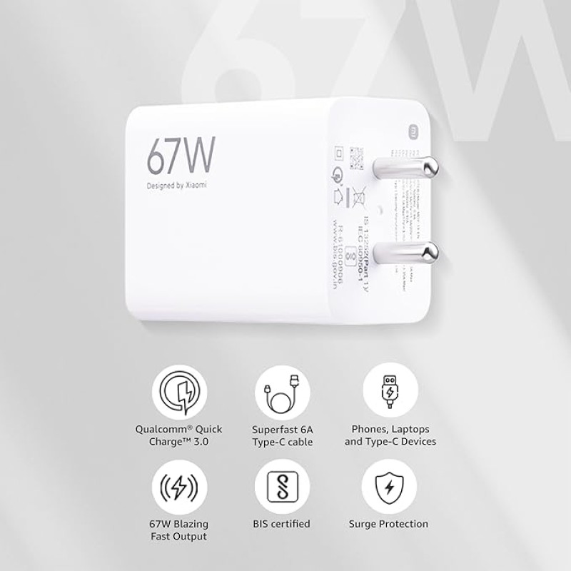 Mi Xiaomi Original 67W Fast Charger Combo/Rapid Charging with Qualcomm Quick Charge 3.0. Includes USB Type-C 6A Fast Charge Cable. Compatable with mobiles, laptops, and Power Banks (White) Mi Xiaomi Original 67W Fast Charger Combo/Rapid Charging with Qualcomm Quick Charge 3.0. Includes USB Type-C 6A Fast Charge Cable. Compatable with mobiles, laptops, and Power Banks (White)