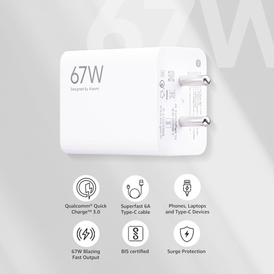 Mi Xiaomi Original 67W Fast Charger Combo/Rapid Charging with Qualcomm Quick Charge 3.0. Includes USB Type-C 6A Fast Charge Cable. Compatable with mobiles, laptops, and Power Banks (White)