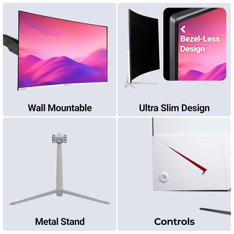 ZEBRONICS AC32FHD LED Monitor, 32 inch (81.28cm), 250 nits, 75hz, 1800R Curved wide screen, FHD, 1080p, Wall Mountable, VGA, HDMI, Ultra Slim Bezel, Metal stand, Built-in Speakers
