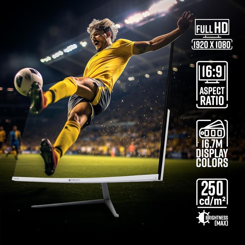 ZEBRONICS AC32FHD LED Monitor, 32 inch (81.28cm), 250 nits, 75hz, 1800R Curved wide screen, FHD, 1080p, Wall Mountable, VGA, HDMI, Ultra Slim Bezel, Metal stand, Built-in Speakers