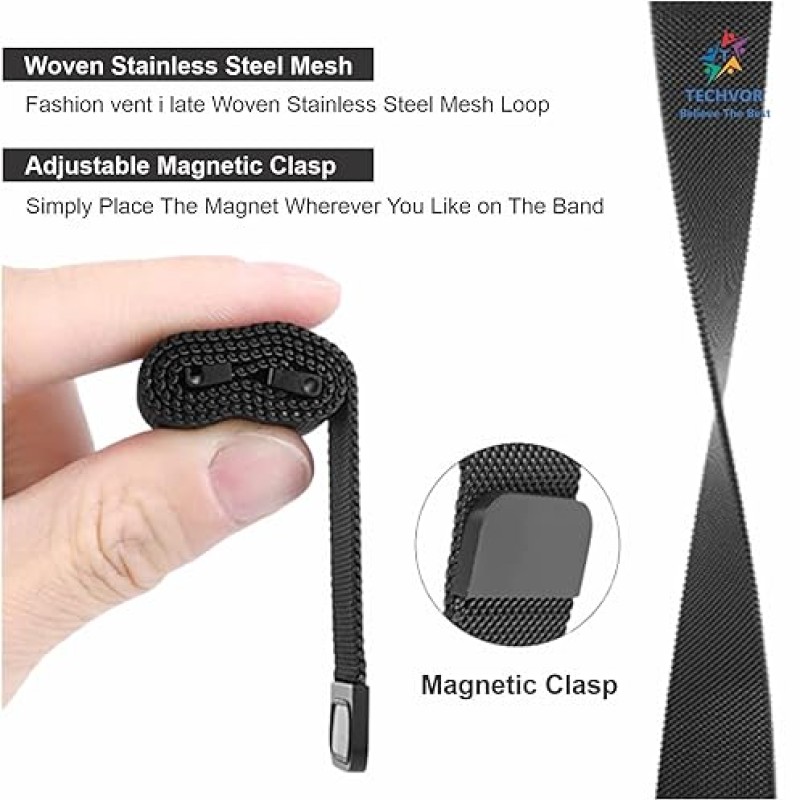 Techvor 22mm Stainless Steel Adjustable Magnetic Strap Band Compatible for Realme Watch S/Realme Watch S Pro (Black)