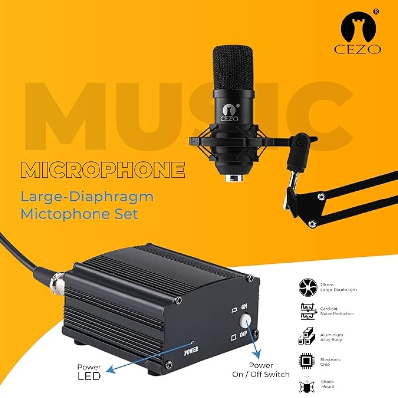 Cezo Professional Studio Recording Singing Condenser Mic Full Set Kit BM 800 Condenser Microphone with Audio Interface inbuilt Phantom Power Supply Mic Stand and POP Filter for Podcast, Singing Cezo Professional Studio Recording Singing Condenser Mic Full Set Kit BM 800 Condenser Microphone with Audio Interface inbuilt Phantom Power Supply Mic Stand and POP Filter for Podcast, Singing