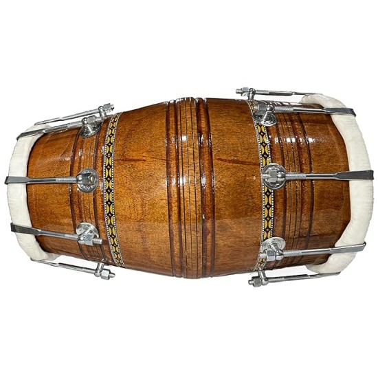 Gt Manufacturers Professional Bhajan Kirtan Dholak With Brown Glassy Glass Transparent Polish Wild Goat Skin Made Ring Fitting By Nut&Bold On Both Side By