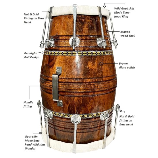 Gt Manufacturers Professional Bhajan Kirtan Dholak With Brown Glassy Glass Transparent Polish Wild Goat Skin Made Ring Fitting By Nut&Bold On Both Side By