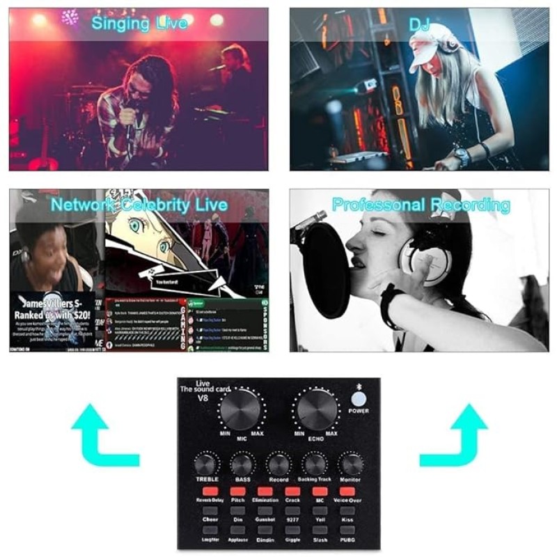SOUNCE V8 plus Portable Audio Mixer Interface, Bluetooth Sound Card for Live Streaming/Recording/Podcast/Voice Change/Karaoke/Gaming/Singing with Sound Effects, 3.5mm Mic Jack for Guitar (V8 Black) SOUNCE V8 plus Portable Audio Mixer Interface, Bluetooth Sound Card for Live Streaming/Recording/Podcast/Voice Change/Karaoke/Gaming/Singing with Sound Effects, 3.5mm Mic Jack for Guitar (V8 Black)