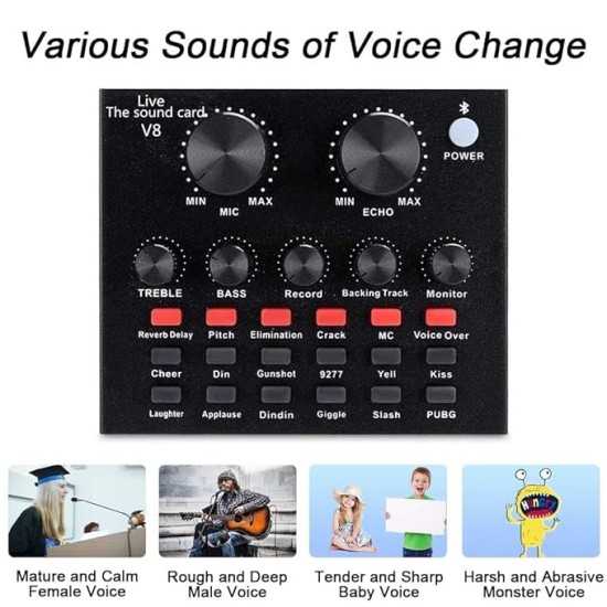 CEZO V8 Portable Audio Mixer Interface, Bluetooth Sound Card for Live Streaming/Recording/Podcast/Voice Change/Karaoke/Gaming/Singing with Sound Effects, 3.5mm Mic Jack for Guitar (V8 Black)