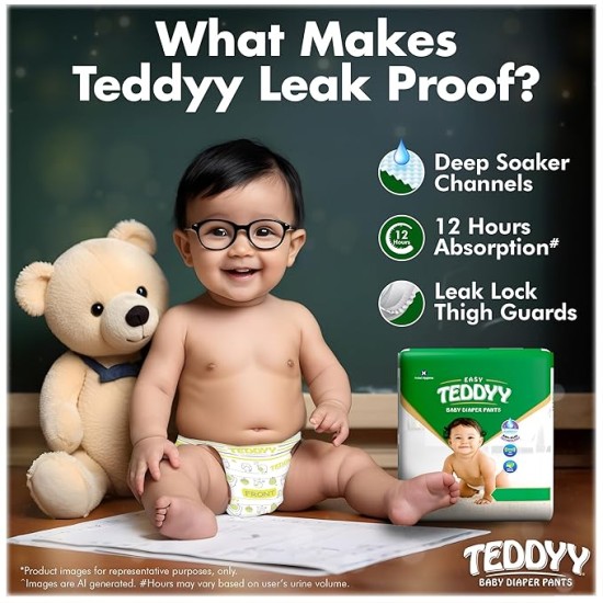 TEDDYY Baby Easy Pant Diapers Medium 74 Count (Pack of 1), 7-12 kgs, 10 hrs Leak Protection, Anti - Bacterial