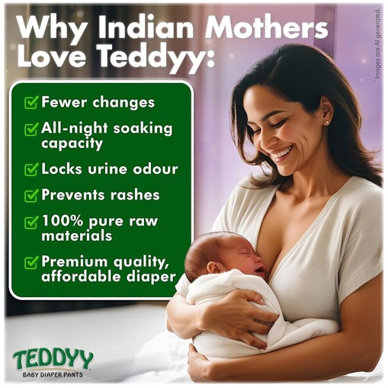 TEDDYY Baby Easy Pant Diapers Large 62 Count (Pack of 1), 9-14 kgs, 10 hrs Leak Protection, Anti - Bacterial