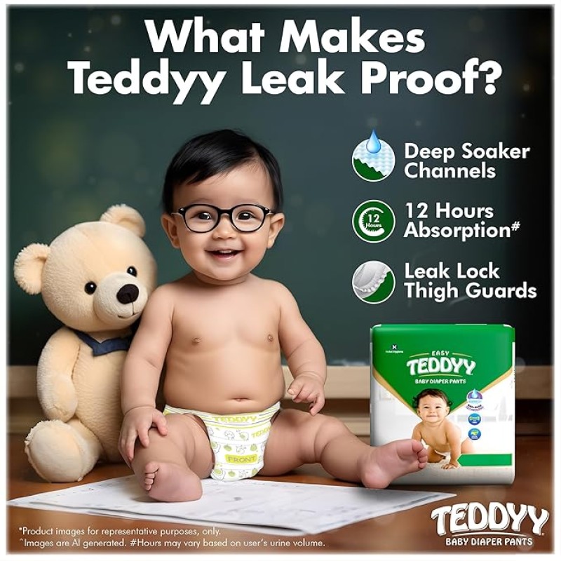 TEDDYY Baby Easy Pant Diapers Large 62 Count (Pack of 1), 9-14 kgs, 10 hrs Leak Protection, Anti - Bacterial