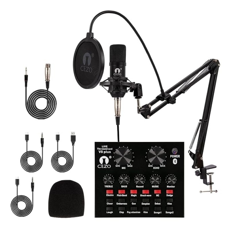 Cezo BM 800 Condenser Microphone Kit Set with V8 Sound Card, Boom Arm Stand, Pop Shield Recording Studio Equipment Full Set with 3.5mm Mic for Smartphones Live Streaming Youtubers - Black Cezo BM 800 Condenser Microphone Kit Set with V8 Sound Card, Boom Arm Stand, Pop Shield Recording Studio Equipment Full Set with 3.5mm Mic for Smartphones Live Streaming Youtubers - Black