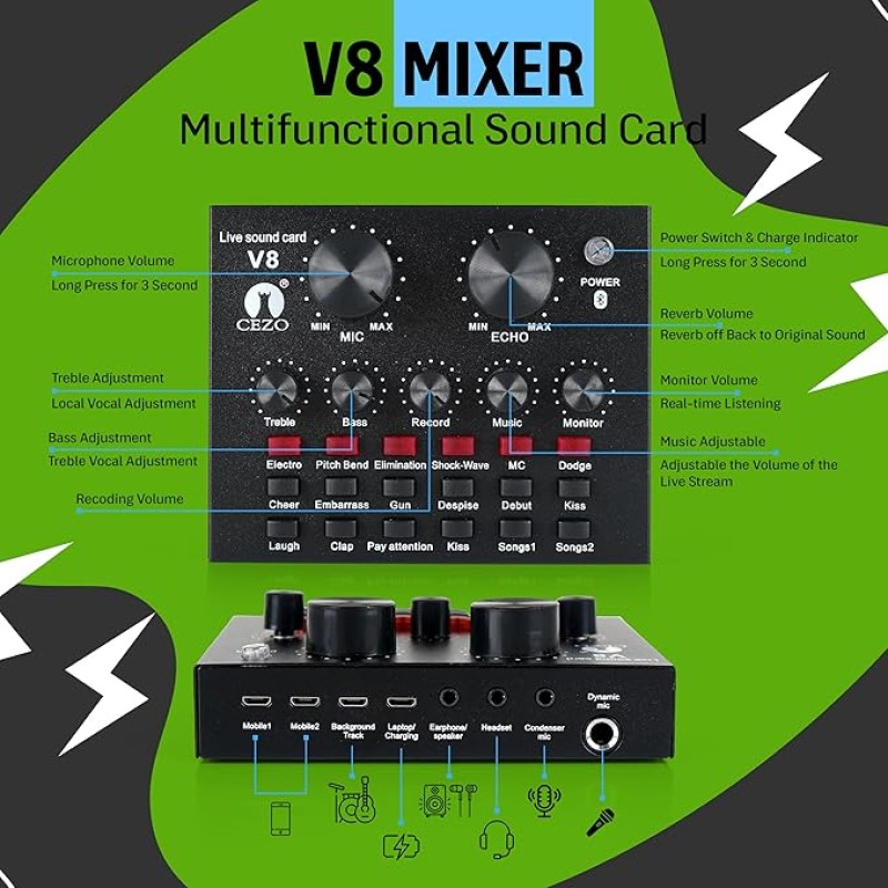 Cezo BM 800 Condenser Microphone Kit Set with V8 Sound Card, Boom Arm Stand, Pop Shield Recording Studio Equipment Full Set with 3.5mm Mic for Smartphones Live Streaming Youtubers - Black Cezo BM 800 Condenser Microphone Kit Set with V8 Sound Card, Boom Arm Stand, Pop Shield Recording Studio Equipment Full Set with 3.5mm Mic for Smartphones Live Streaming Youtubers - Black