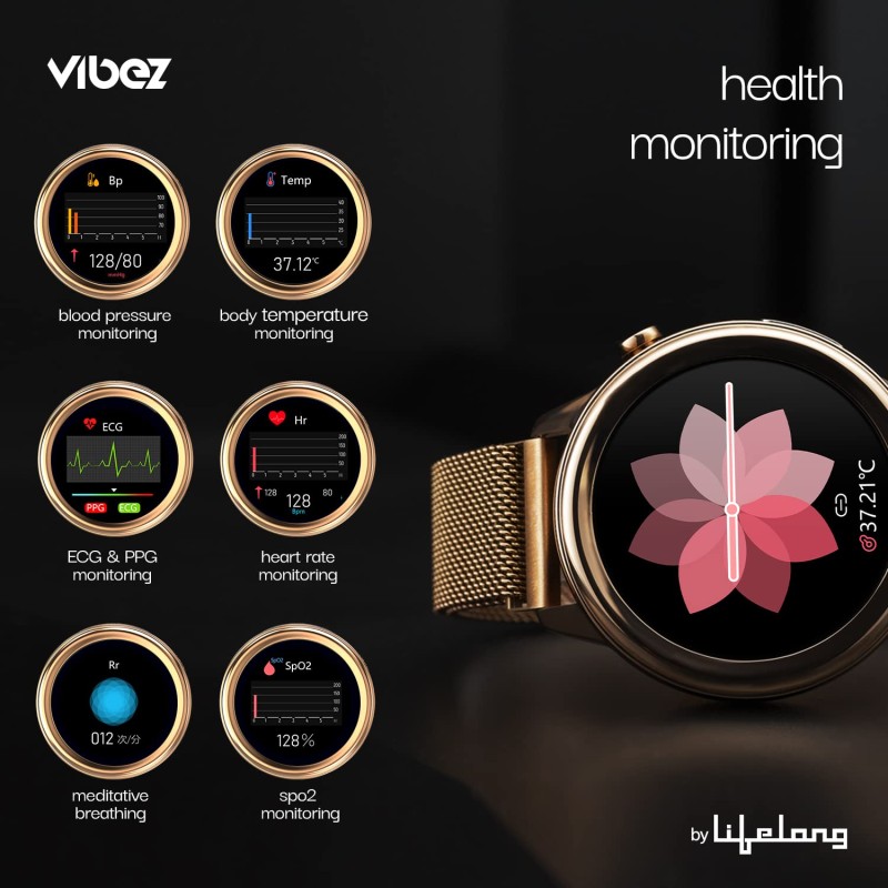 (Refurbished) Vibez by Lifelong Xena Smartwatch for Women with HD Display| ECG+PPG|Body Temprature|24x7 Heart Rate & SpO2 Tracking| Sports Mode|IP68|10 Days Battery Backup(VBSWW126, Gold)