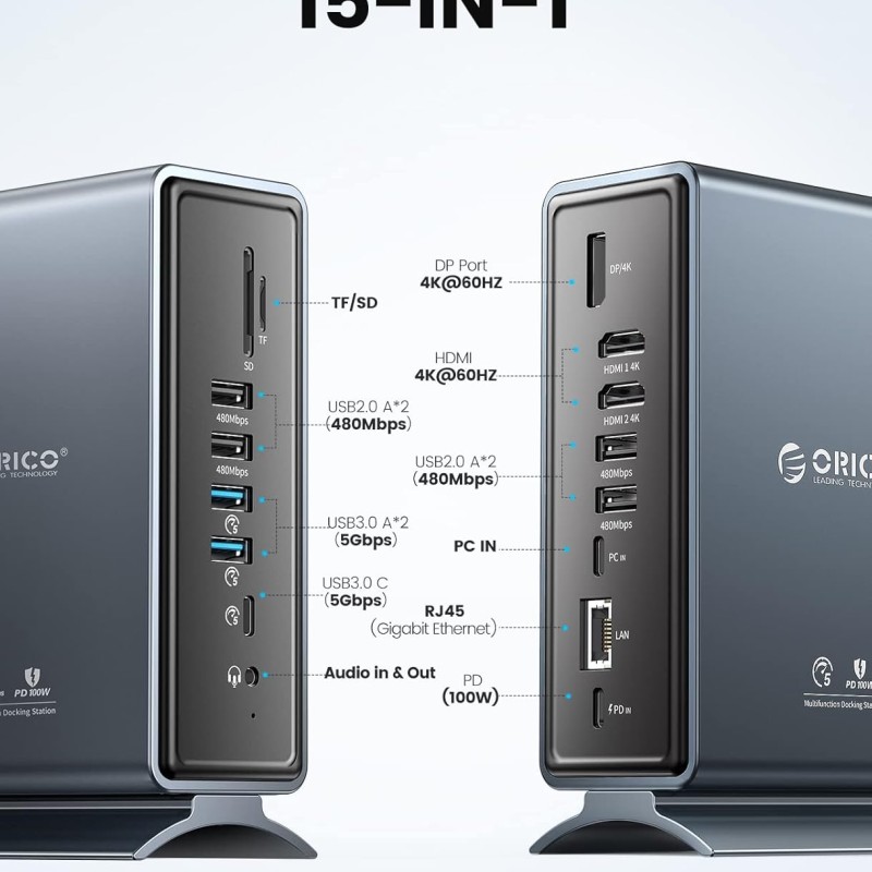 ORICO USB C Triple Display Docking Station for MacBook Pro M1, Mac, Window with Dual 4K HDMI, 8 USB Ports, Display Port, 100W PD, RJ45, 3.5mm Audio, TF/SD Extended Display for macOS