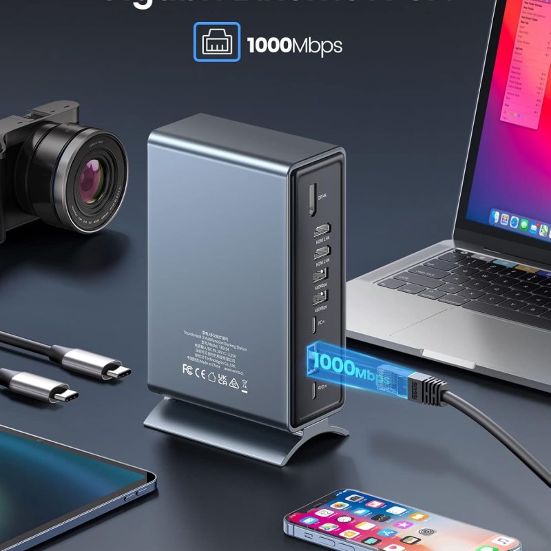 ORICO USB C Triple Display Docking Station for MacBook Pro M1, Mac, Window with Dual 4K HDMI, 8 USB Ports, Display Port, 100W PD, RJ45, 3.5mm Audio, TF/SD Extended Display for macOS