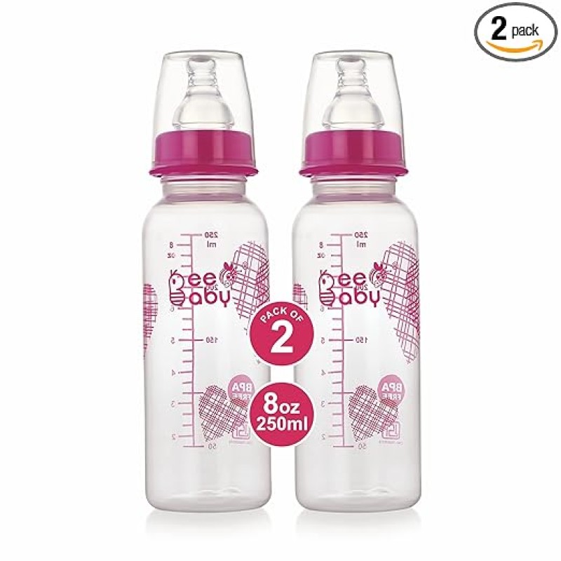 BeeBaby Basic Slim Neck Baby Feeding Bottle with Premium Anti Colic Silicone Nipple for New Born/Infant/Toddler/Babies, 100% BPA Free ((Pack of 2) 250 ML, Pink) BeeBaby Basic Slim Neck Baby Feeding Bottle with Premium Anti Colic Silicone Nipple for New Born/Infant/Toddler/Babies, 100% BPA Free ((Pack of 2) 250 ML, Pink)