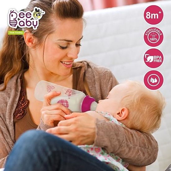 BeeBaby Basic Slim Neck Baby Feeding Bottle with Premium Anti Colic Silicone Nipple for New Born/Infant/Toddler/Babies, 100% BPA Free ((Pack of 2) 250 ML, Pink)