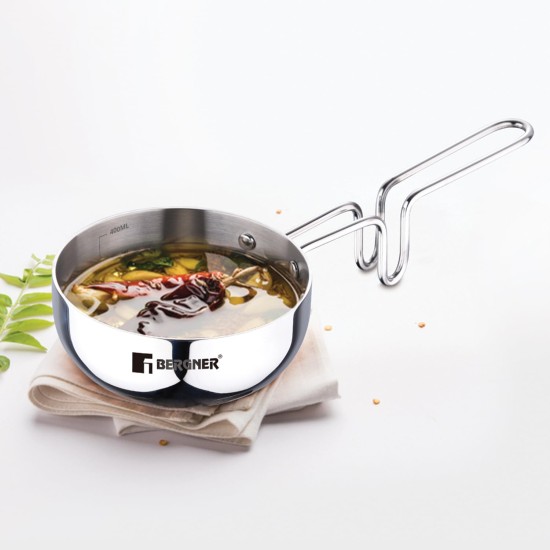 Bergner TriPro TriPly Stainless Steel 12cm Tadka Pan, 500ml Capacity, For Spice Tempering/Seasoning, Long Wire Handle, Laser-Etched Scale, Smooth Finished Surface, Induction Bottom and Gas Stove Ready