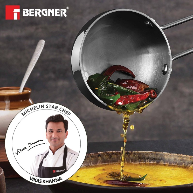 Bergner TriPro TriPly Stainless Steel 12cm Tadka Pan, 500ml Capacity, For Spice Tempering/Seasoning, Long Wire Handle, Laser-Etched Scale, Smooth Finished Surface, Induction Bottom and Gas Stove Ready Bergner TriPro TriPly Stainless Steel 12cm Tadka Pan, 500ml Capacity, For Spice Tempering/Seasoning, Long Wire Handle, Laser-Etched Scale, Smooth Finished Surface, Induction Bottom and Gas Stove Ready