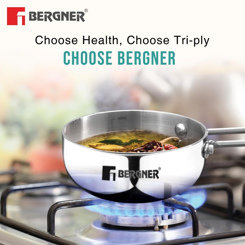 Bergner TriPro TriPly Stainless Steel 12cm Tadka Pan, 500ml Capacity, For Spice Tempering/Seasoning, Long Wire Handle, Laser-Etched Scale, Smooth Finished Surface, Induction Bottom and Gas Stove Ready Bergner TriPro TriPly Stainless Steel 12cm Tadka Pan, 500ml Capacity, For Spice Tempering/Seasoning, Long Wire Handle, Laser-Etched Scale, Smooth Finished Surface, Induction Bottom and Gas Stove Ready