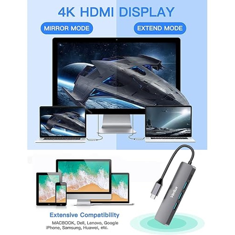 Verilux� USB C Hub,5 in 1 Type C Hub Portable Aluminum Multiport USB Adapter with 4K@30Hz HDMI Output,2.0/3.0 Ports,USB 55W PD Compatible with MacBook Pro/Air/M1,Dell XPS Devices Verilux� USB C Hub,5 in 1 Type C Hub Portable Aluminum Multiport USB Adapter with 4K@30Hz HDMI Output,2.0/3.0 Ports,USB 55W PD Compatible with MacBook Pro/Air/M1,Dell XPS Devices