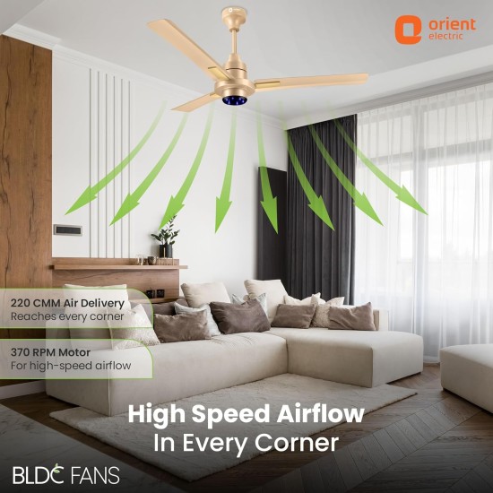 Orient Electric’s 1200mm I Tome Plus| BLDC energy saving ceiling fan | BEE 5-star rated | Ceiling fan with LED lights | Saves up to 50% on electricity bills | 3-year warranty | Topaz Gold, pack of 1