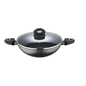 Bergner Orion NonStick 28 cm Kadai, Glass Lid, 3.3 L Capacity, 100% Recyclable, for Deep Fry/Stir-Fry/Curry, Textured Soft Touch Handles, Granite Finish, Induction Bottom, 1-Year Warranty by Bergner