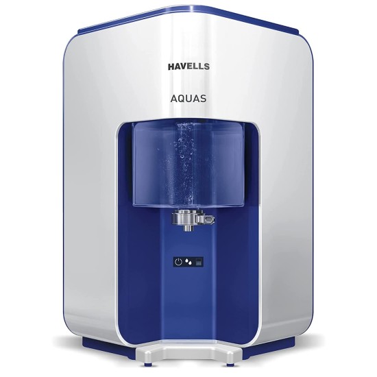 Havells AQUAS Water Purifier (White and Blue), RO+UF, Copper+Zinc+Minerals, 5 stage Purification, 7L Tank, Suitable for Borwell, Tanker & Municipal Water